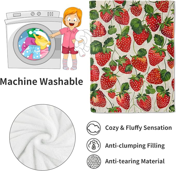 Strawberry Blanket Lush Red Strawberries Throw Blankets with Green Leaves,Birthday Gifts for Kids Adult Women,Lightweight Soft Fleece,for Sofa Couch Bed Room Farmhouse Decor 50x60in