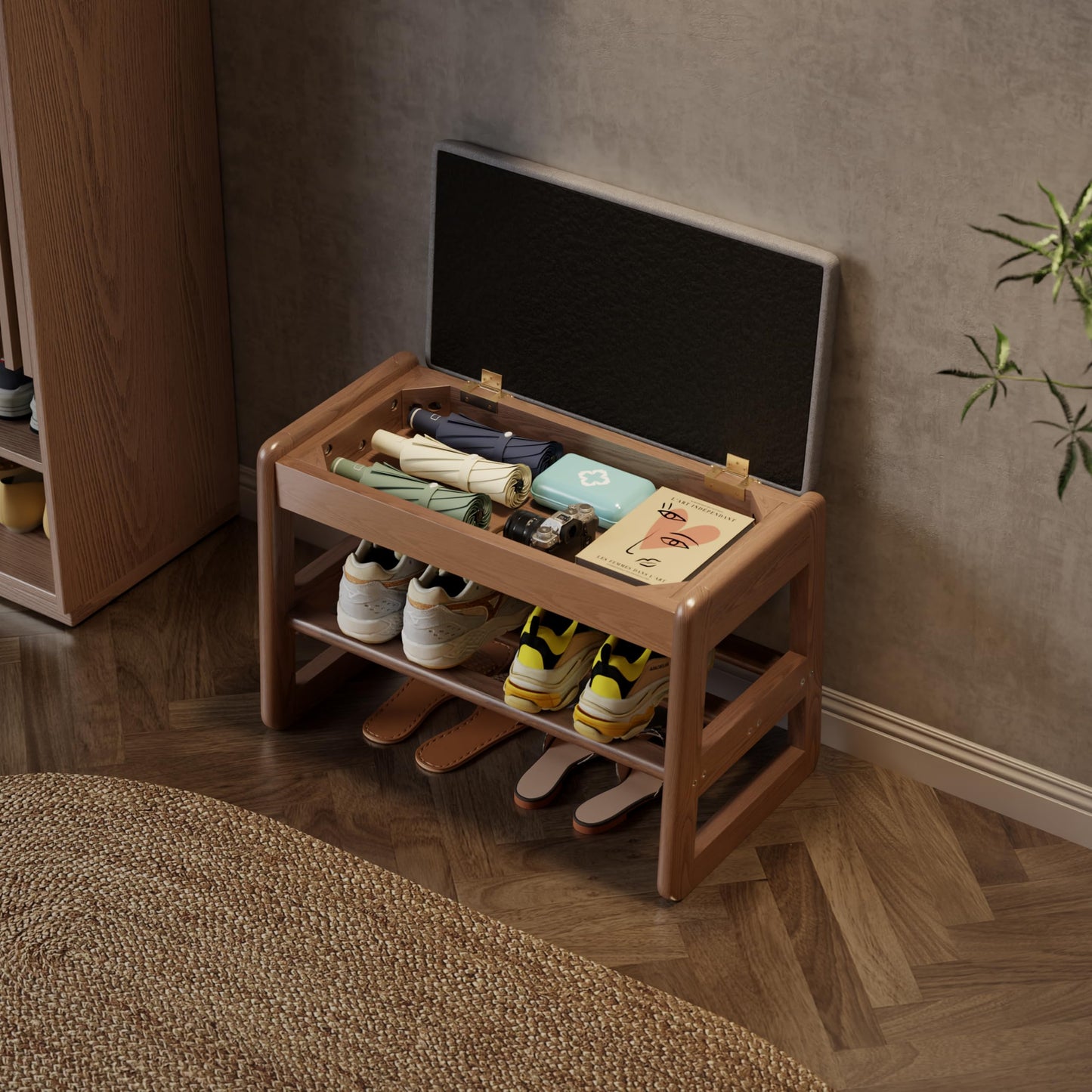 AQIMUELE Shoe Rack Bench,2 Tiers Shoe Bench with Storage with Flip-Top,Wood Shoe Rack for Entryway,Hallway（Walnut Upholstered Seat,11.8" D x 23.62" W x 15.7" H）