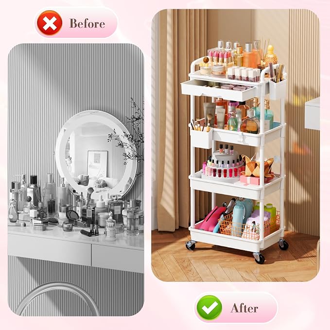 SUNALLY Makeup Cart Organizer with Drawers, 4 Tier Floor Skincare Organizers for Vanity, Rolling Makeup Bathroom Storage Cart Cosmetics Display Cases for Skin Care Perfume Nail Polish, White