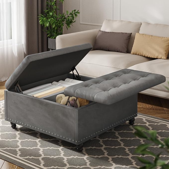 FUXA 35 Inch Large Square Ottoman with Storage, Oversized Ottoman Coffee Table with Lift Top and Wood Legs, Tufted Upholstered Storage Ottoman Bench for Living Room (Gray)