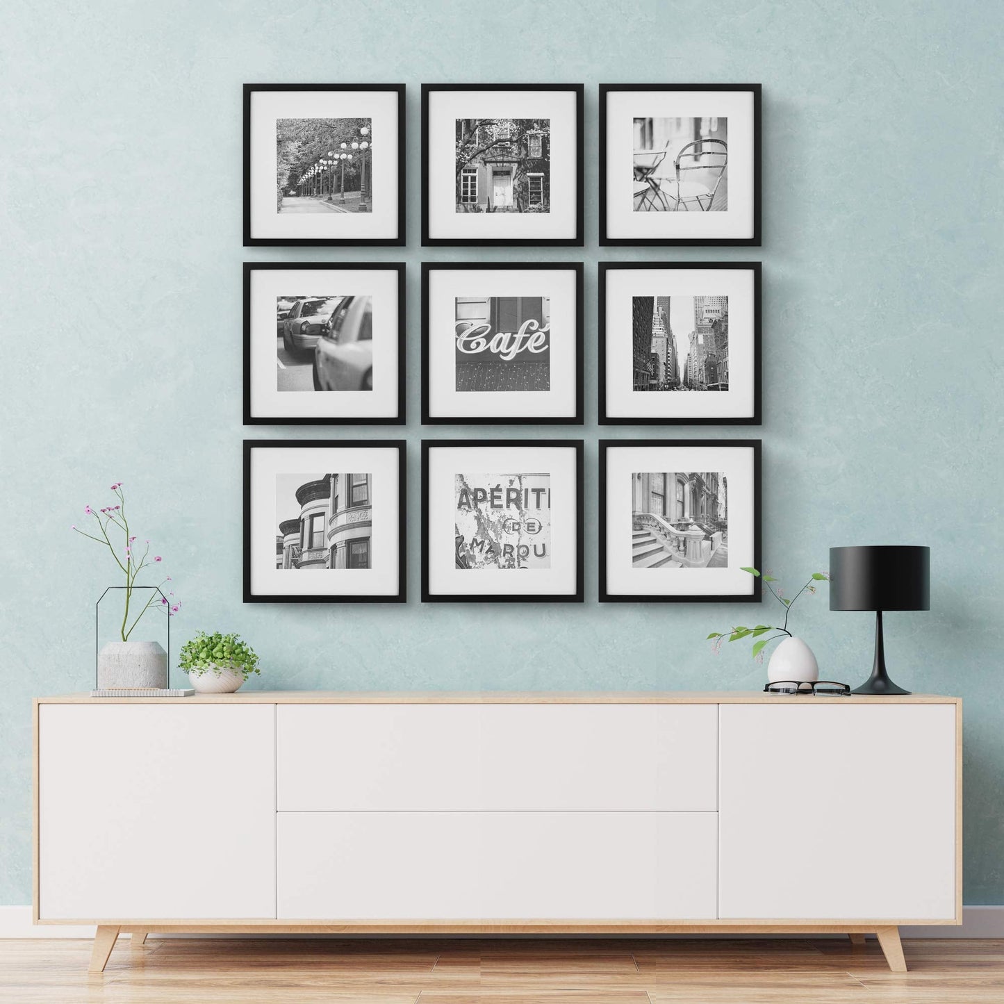 Gallery Perfect 12x12 Picture Frames, 9 Piece Set with Real Glass Cover for 8x8 Photos With Mat, Picture Frames Collage Wall Decor for Gallery Wall, Home Decor, Black