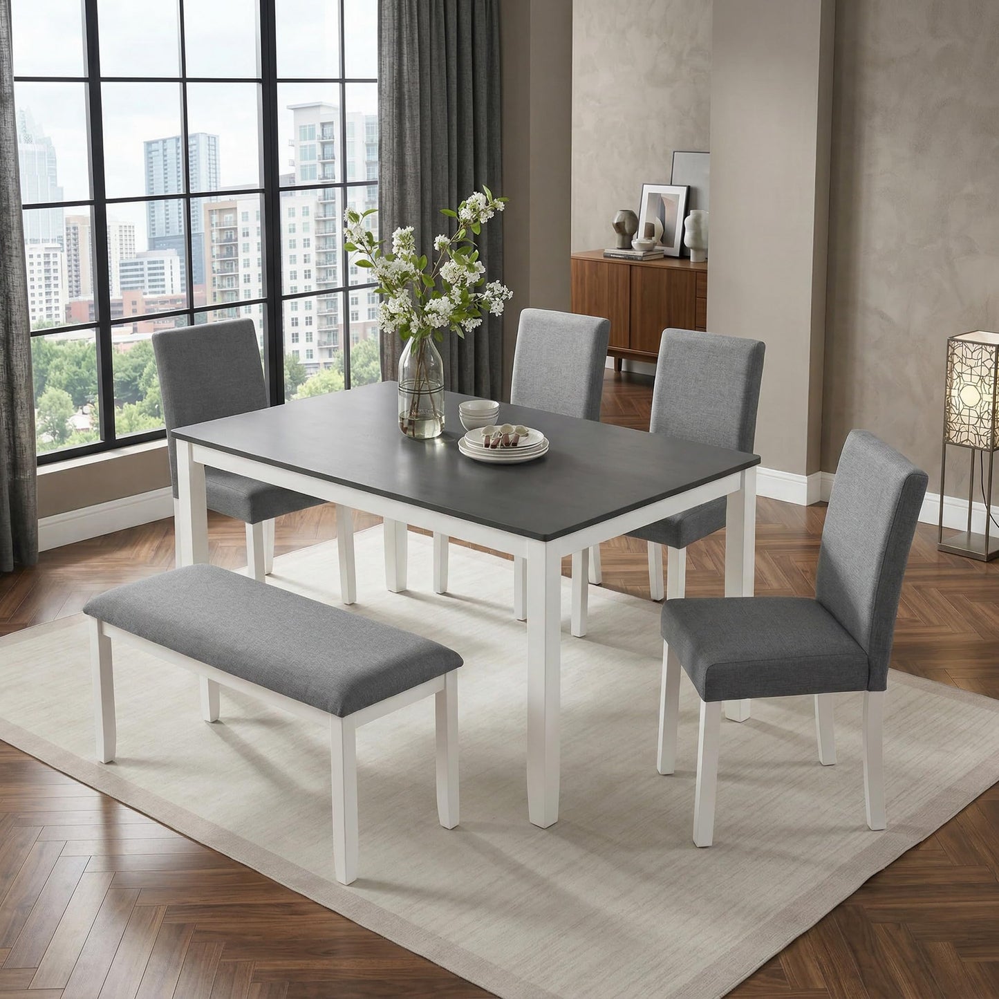 Casaphoria 6-Piece Dining Table Set with Bench and 4 Upholstered Chairs, Modern Wood Kitchen Table Set for 6, Grey & White Two-Tone Furniture for Dining Room, Small Spaces, Family Breakfast & Parties