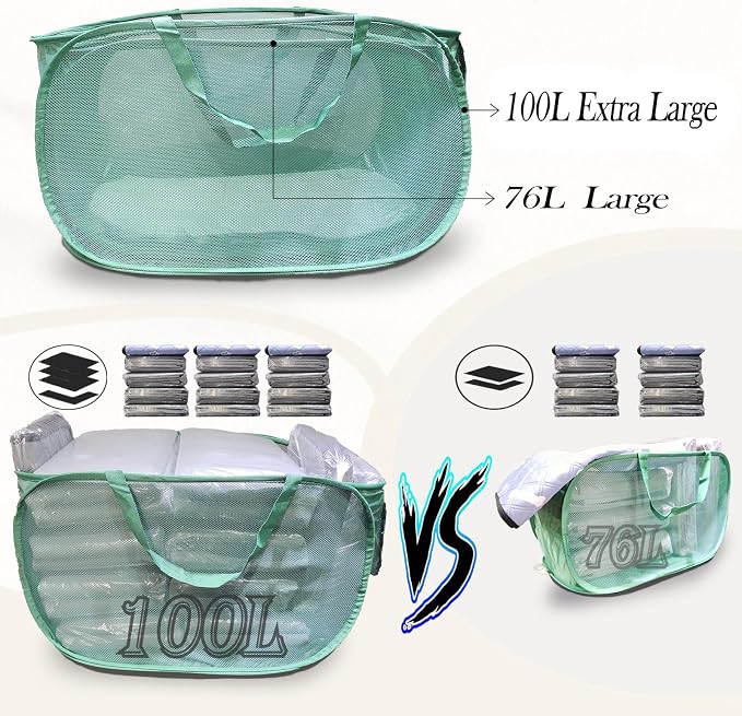 100L Foldable Laundry Baskets 2 Pack, Extra Large Mesh Pop Up Laundry Hamper, Dirty Clothes Hamper with Handles, Pop-up Hampers for Laundry Travel. Dorm or Home Portable Clothes Baskets.Green 2H