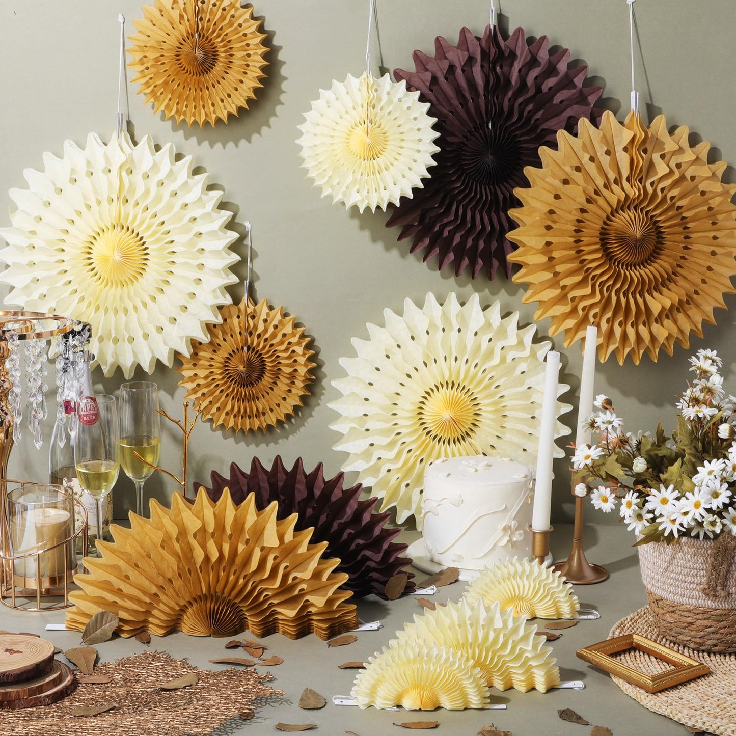 Outus 12 Pcs Hanging Honeycomb Paper Fans Sets, Fiesta Brown and Beige Party Decorations, Tissue Paper Flowers Supplies for Birthday Wall Classroom Wedding Photo Backdrop (14/8/6 Inch)