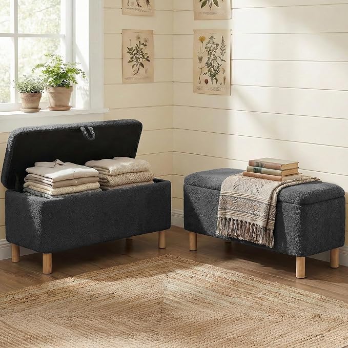 COLAMY Ottoman with Storage, Storage Ottoman Bench, End of Bed Storage Bench, Square Ottoman Foot Rest, Entryway Bench with Seating and Wood Legs for Living Room, Bedroom, Dark Grey