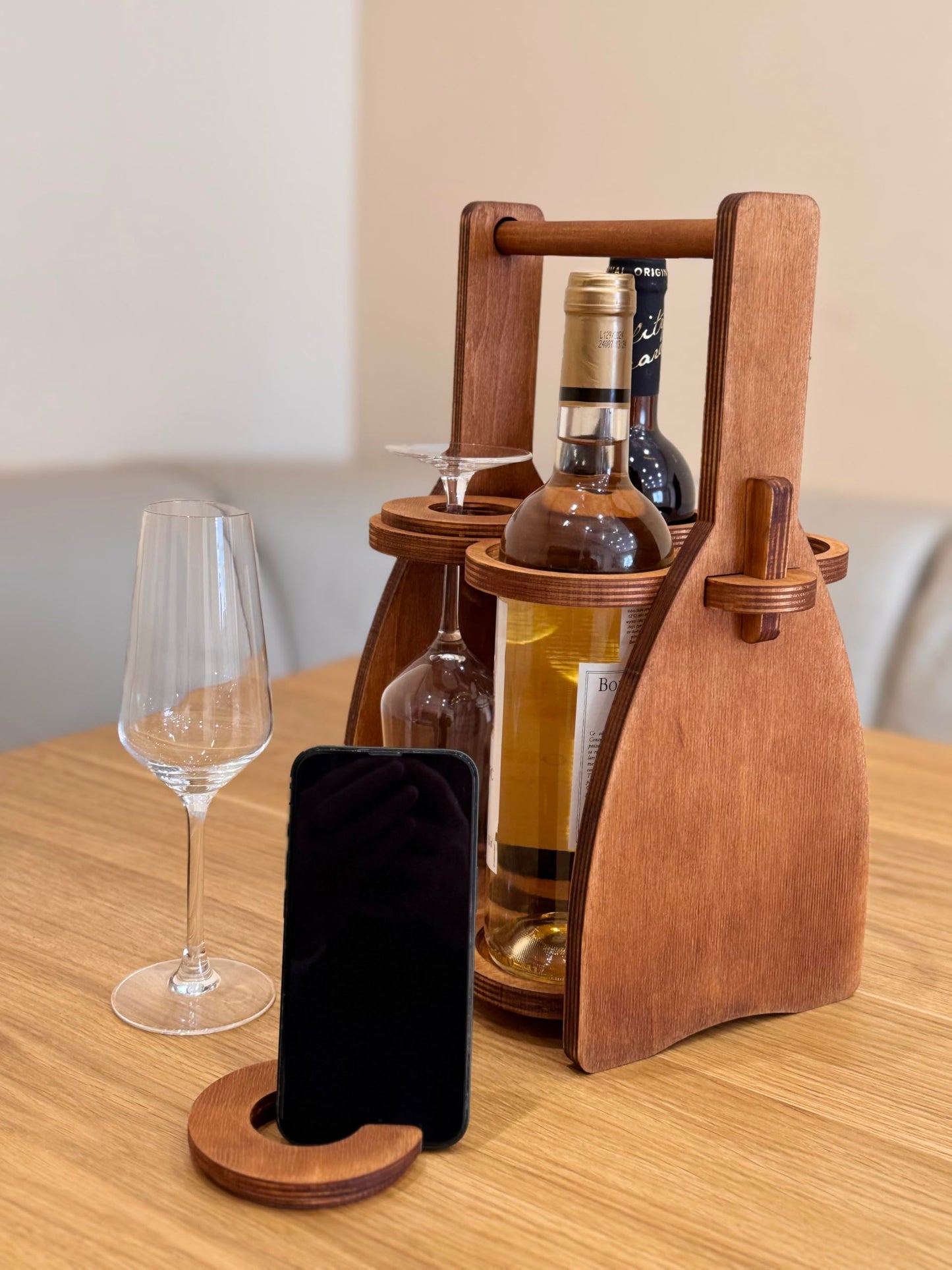 ROSTMARYGIFT Wood Wine Bottle and Glasses Caddy - Beer Carrier - Drinking Desk Accessories - Men's Organizer - Glass Tray Holder - Storage Stand - Drink Holder for Beer