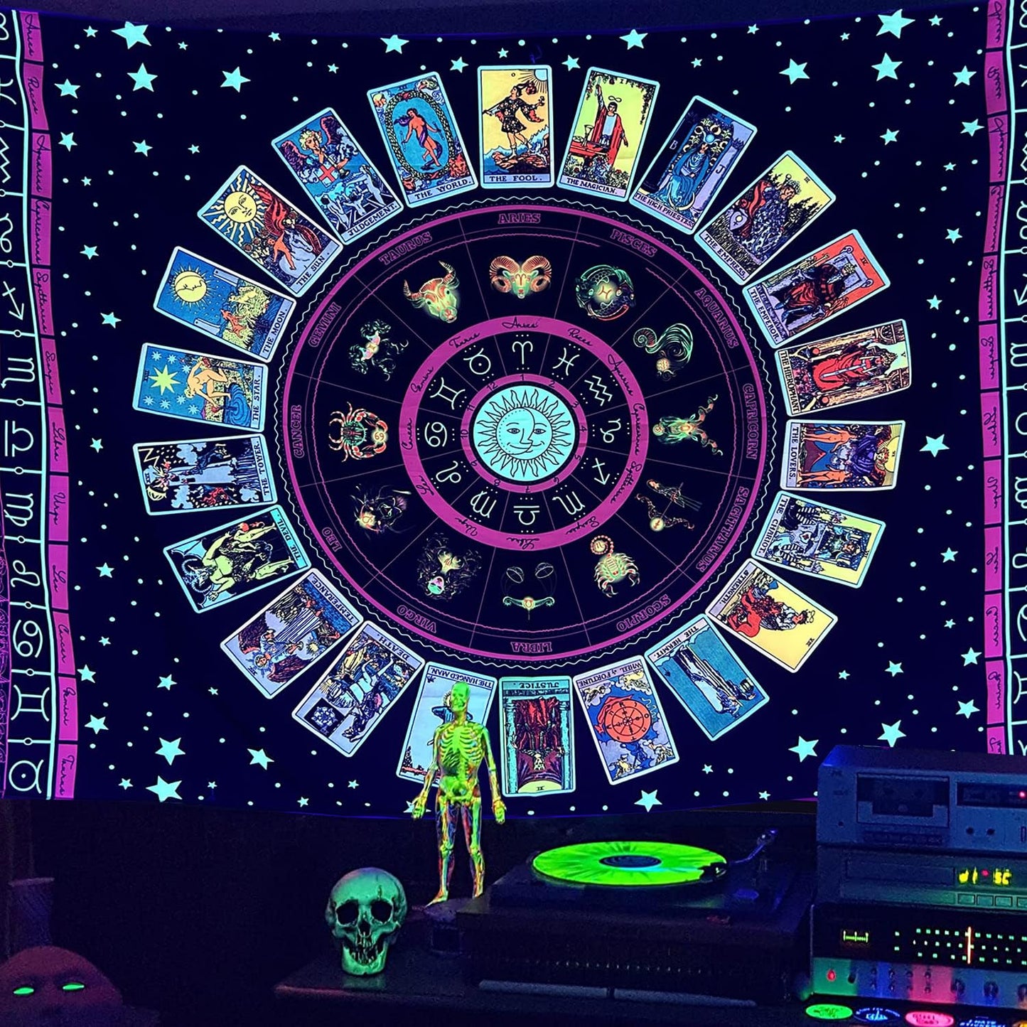 Simpkeely Blacklight Astrology Tarot Tapestry, Wheel of the Zodiac Spiritual Tapestries, UV Reactive Stars Constellation Decoration Wall Hanging Neon Tapestry for Bedroom Aesthetic - 44" x 59"