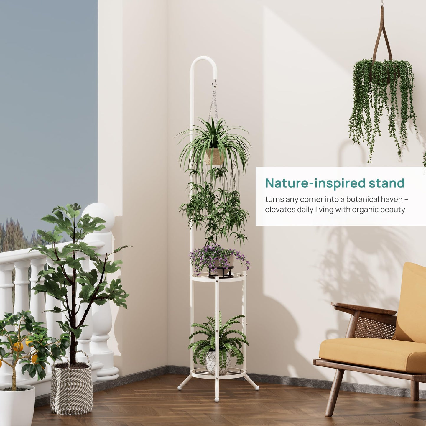 2-Tier Hanging Plant Stand, Heavy Duty Metal Planter Rack - Space Saving Indoor/Outdoor Shelves with 41" Hanging Space - Display Multiple Flower Pots, Tall Iron Plant Organizer for Living Room, Patio & Garden