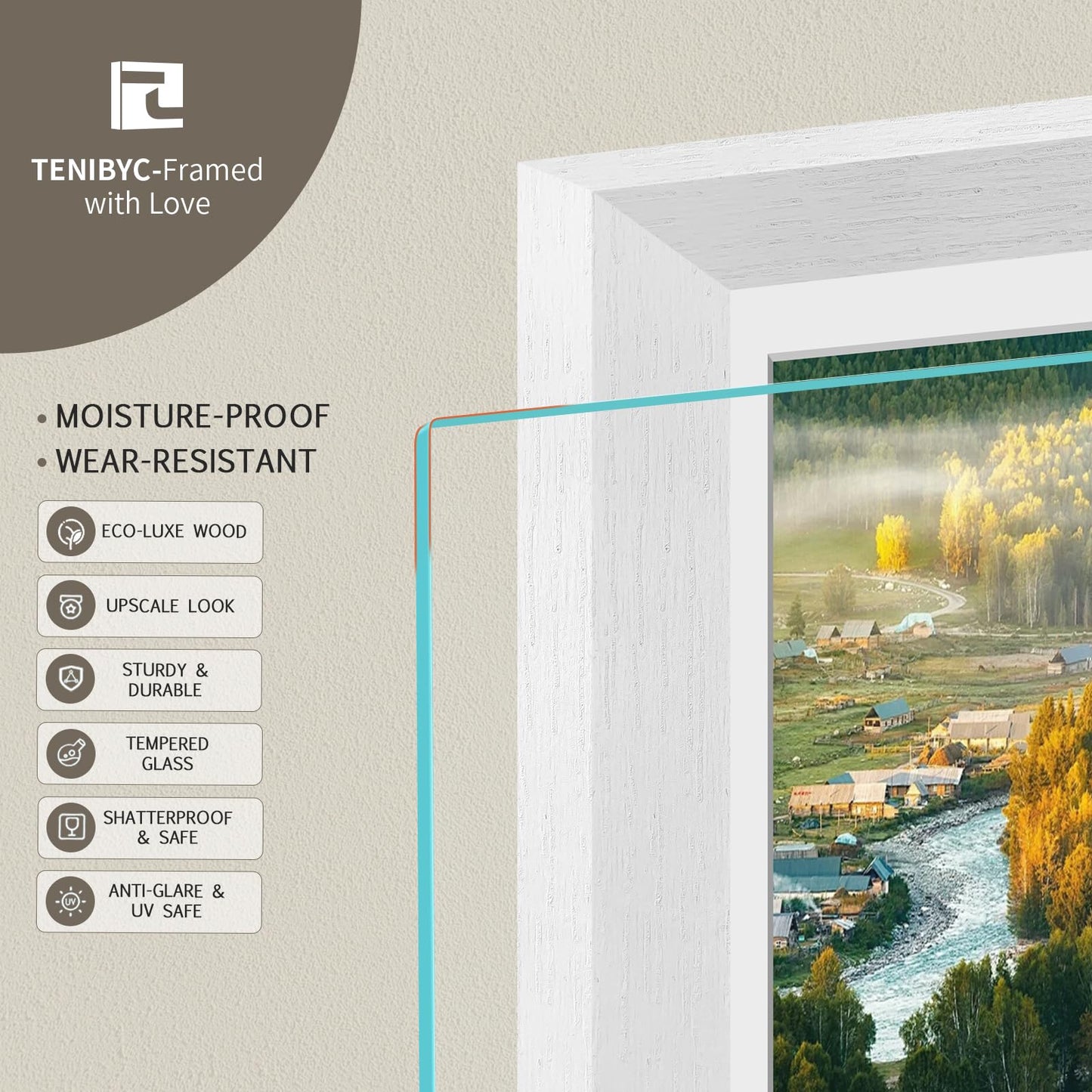 10x10 Picture Frame Set - 4 Pack, White Solid Wood Photo Frames - Tempered Glass - Displays Photos 8x8 with Mat or 10 x 10 without - Room, Office, Gallery, Studio, and Hallway Decor - Wall Hanging