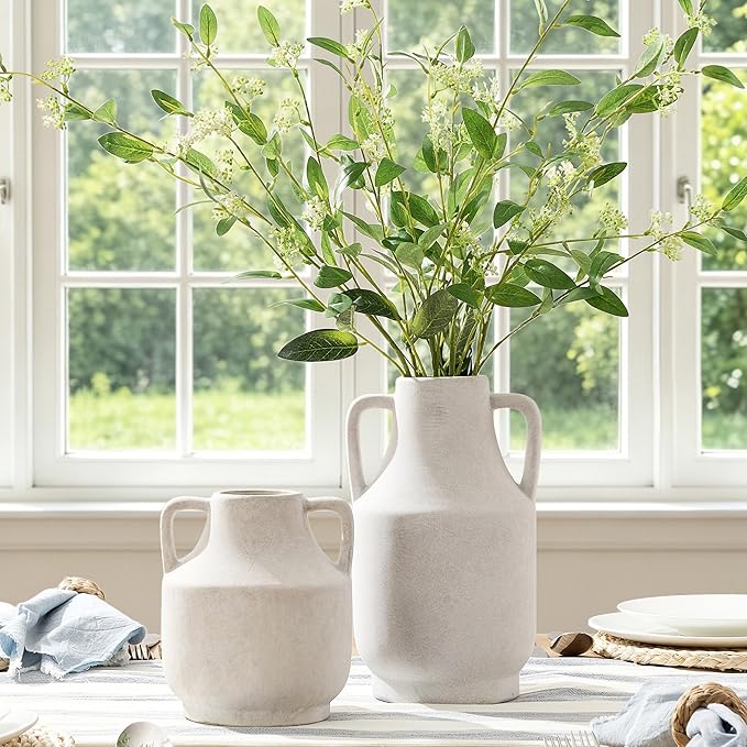 Mitt&Ditt Ceramic Flower Vase with Handles, 11 inch Tall Off-White Vase, Large Decorative Terracotta Vases, Farmhouse Rustic Pottery Vases for Home Decor, Living Room, Table