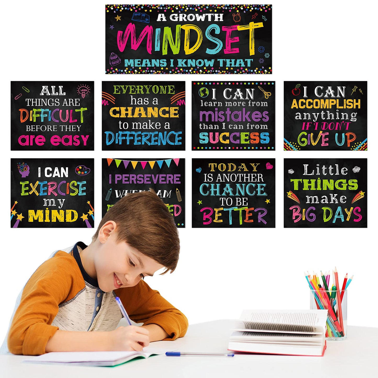 Marspark 9 Pcs Classroom Motivational Posters Growth Mindset Banner Inspirational Bulletin Board Positive Classroom Decoration for School Wall Art, Elementary Middle High School(Black)