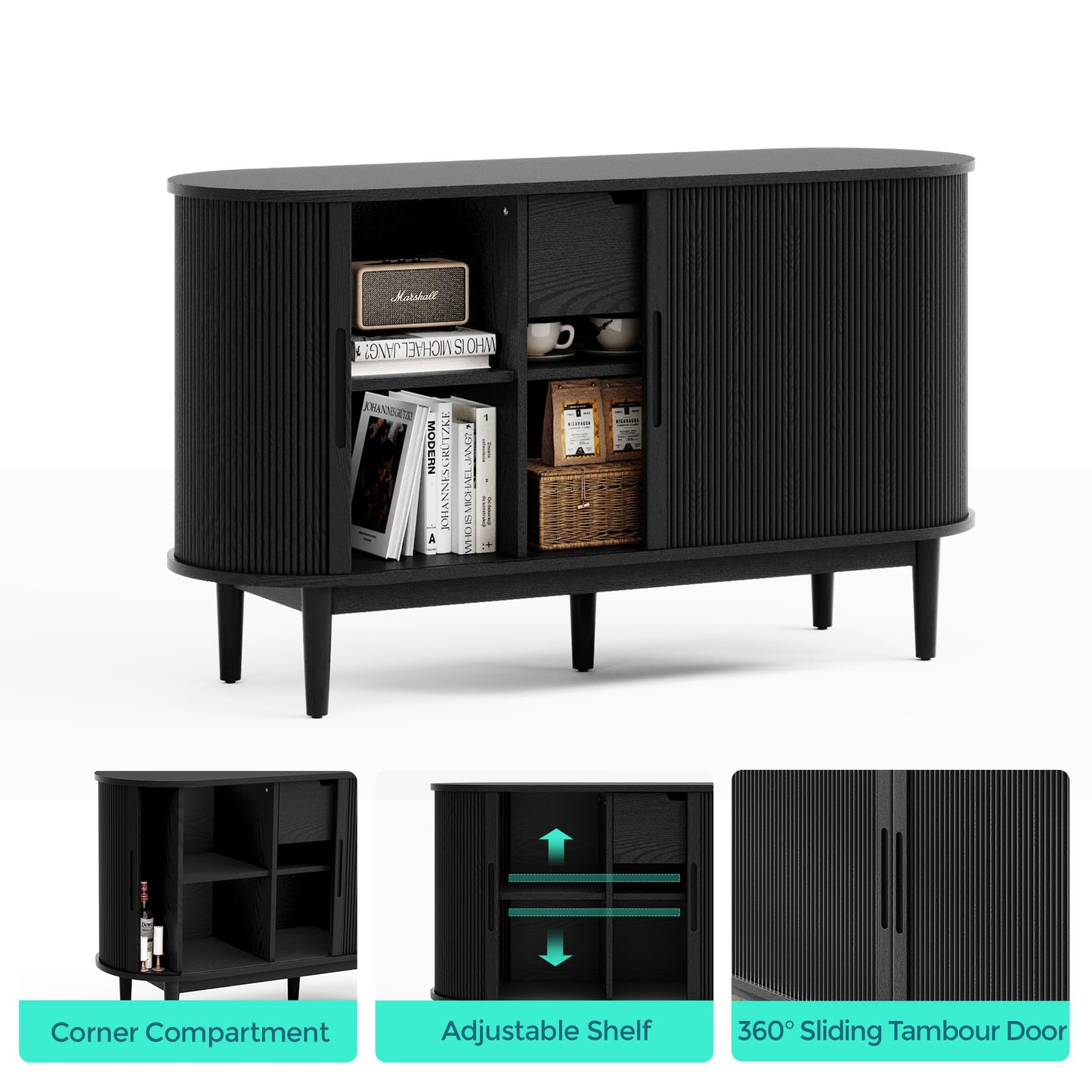 LINSY HOME Sideboard Buffet Cabinet with Storage, 55" Fluted Coffee Bar Cabinet with Tambour Sliding Doors and Drawer, Mid Century Modern Wood Storage Buffet Table for Kitchen (Black)
