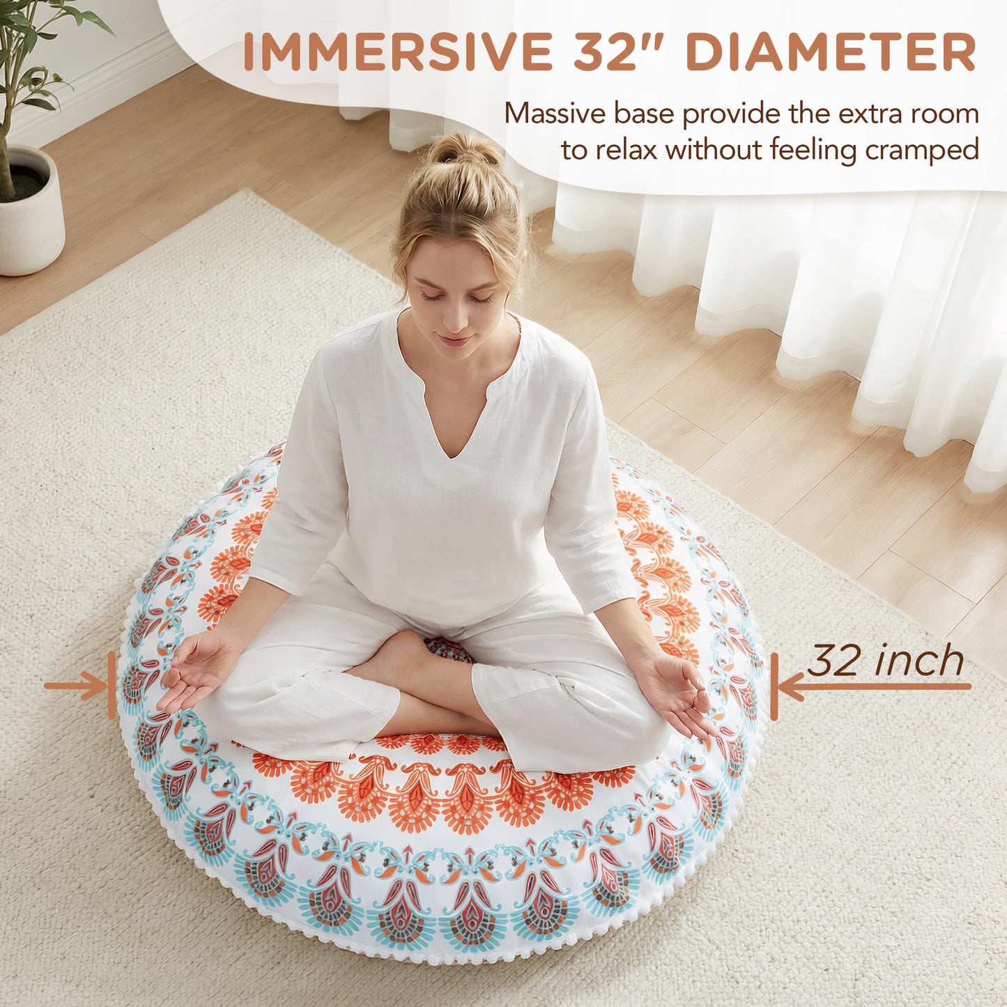 Codi Floor Pillows for Adults Set of 2, Large Boho Meditation Cushions with Memory Foam, Round Mandala Seating for Outdoor Yoga and Living Room, Washable, 32 Inch, Coral