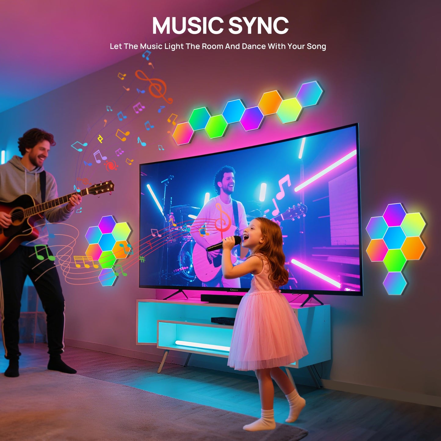 KORORO Hexagon LED Lights - 8 Pack Smart APP RGB Gaming Light with Remote Control & Music Sync Honeycomb Shape Hex Lights for Bedroom, Living Room Wall, Gaming Decor