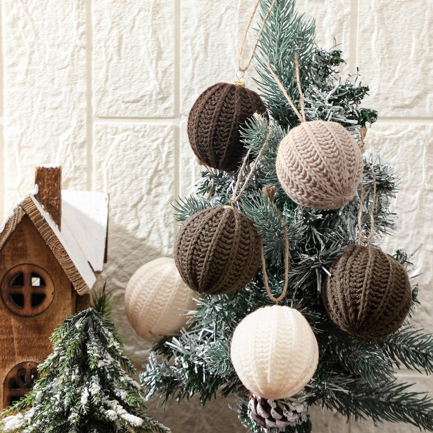 VioraWhite 12 Pcs Neutral Christmas Ornaments, 2.36 Inch Brown Crochet Christmas Balls Modern Rustic Handmade Knitted Woven Cotton Baubles for Xmas Tree Farmhouse Holiday Decor