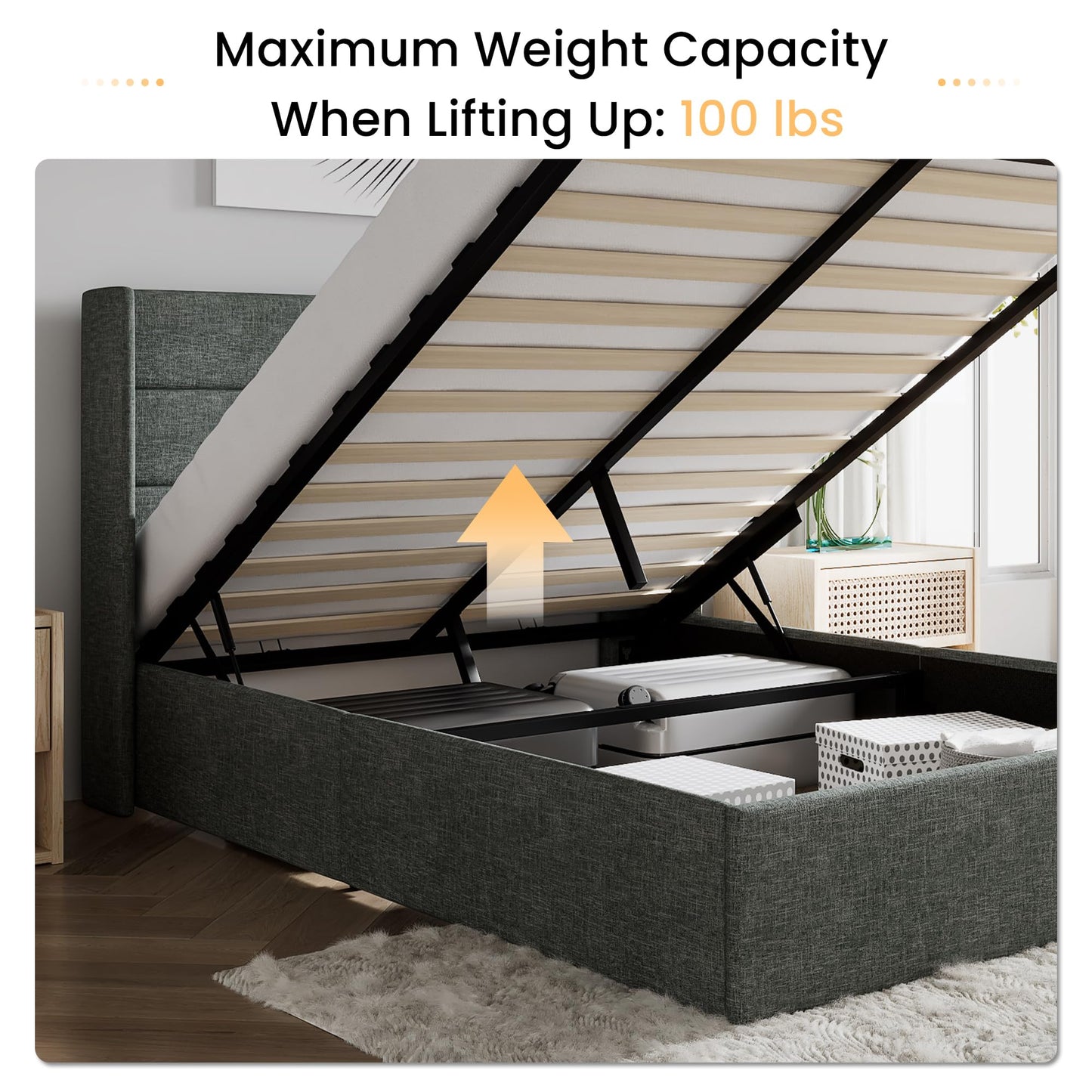SHA CERLIN Queen Size Lift Up Storage Bed/Modern Wingback Headboard/Upholstered Platform Bed Frame/Hydraulic Storage/No Box Spring Needed/Wood Slats Support/Dark Grey