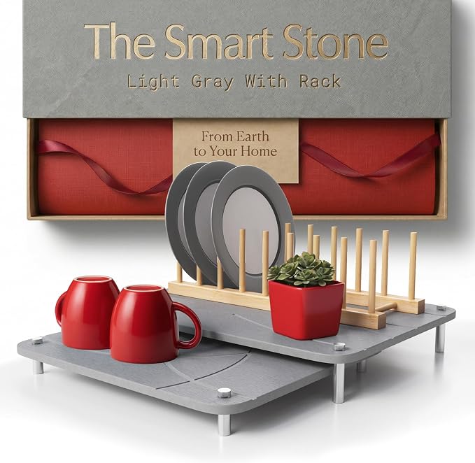Nested Dish Drying Stone Mat with Bamboo Rack | 2 Pcs Diatomaceous Earth Stone Drying Mats for Kitchen Counter with Non-Slip Feet | Collapsible Large Drying Stone for Dishes (Light Gray)