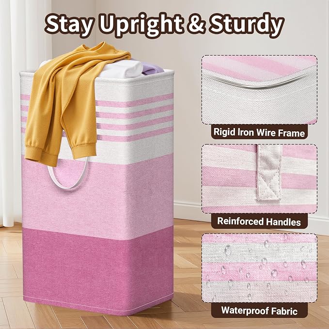 WOWBOX 2 Pack Laundry Baskets, Laundry Hampers, Freestanding Dirty Clothes Hampers with Reinforced Handles & Cross Stitch & Waterproof Coating, for Laundry Bedroom Bathroom Dorm,88L Pink
