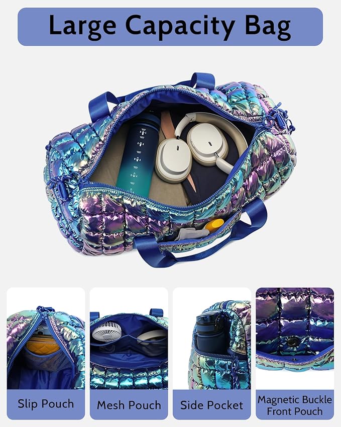 Quilted Duffel Bag for Women, Puffer Gym Duffle Bag with Shoe Compartment Lightweight Large Crossbody Sport Travel Bag Tote Nebula