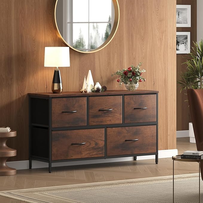 OLIXIS 5 Drawer Dresser for Bedroom, Closet Chest Organizer Furniture, TV Stand for Living Room Hallway, Wide Fabric Storage Tower with Wooden Top and Metal Frame, Brown