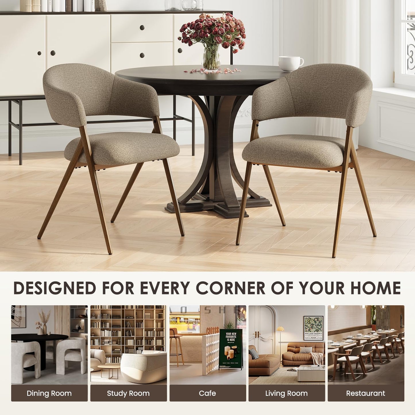 COLAMY Dining Chairs Set of 6, Modern Fabric Upholstered Dining Room Kitchen Side Chairs with Iron Legs, Open Back and Padded Seat, for Living Room/Restaurant/Cafe, Taupe