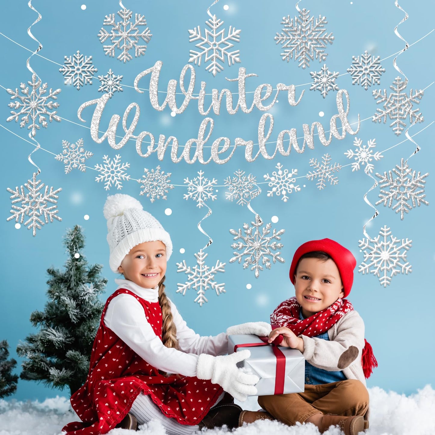 Winter Wonderland Decorations, Silver Winter Wonderland Christmas Decorations Includes Glitter Banner and Snowflake Hanging Swirl, Snowflakes Ornaments Banner for Indoor Office Decorations