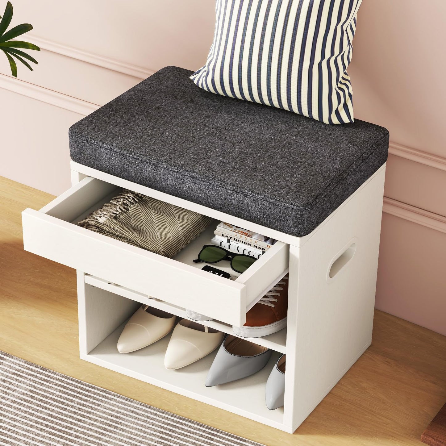 YMYNY Small Shoe Storage Bench with Cushion and Drawer, 2 Tier Adjustable Entryway Bench with Storage, Wooden Shoe Rack Bench for Entryway, Living Room, Hallway, Closet, Bedroom, White, HSC002W