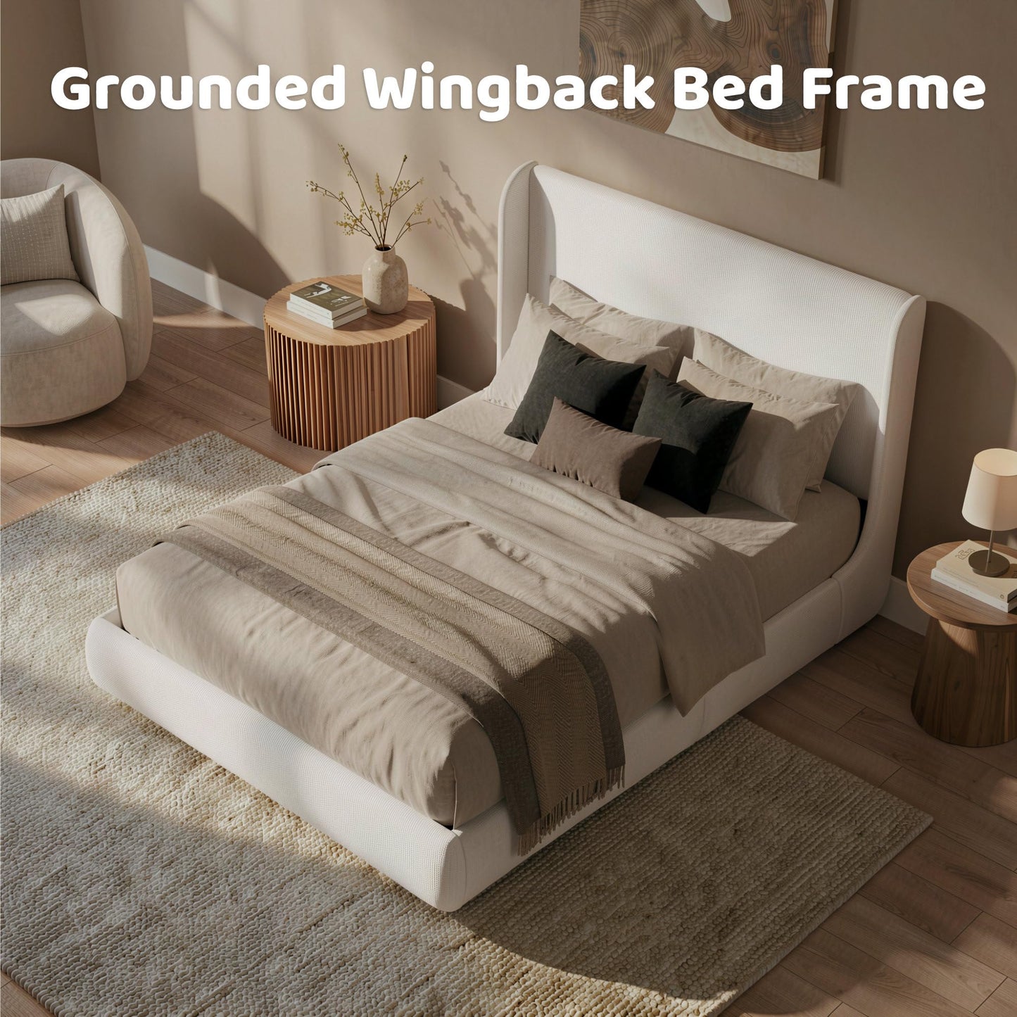 RECCI Queen Upholstered Wingback Bed Frame with Storage Drawers, 52” Tall Cushioned Headboard, Soft Edges, Low Profile Platform Bed, Sturdy Wood Slats, No Box Spring Needed, Ivory White Canvas