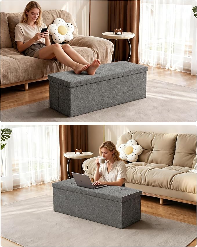 GLAXYFUR 43.3 inches Folding Storage Ottoman Bench Storage Chest Footrest for Bedroom, Entryway and Living Room, Holds up to 660 lb Dark Grey