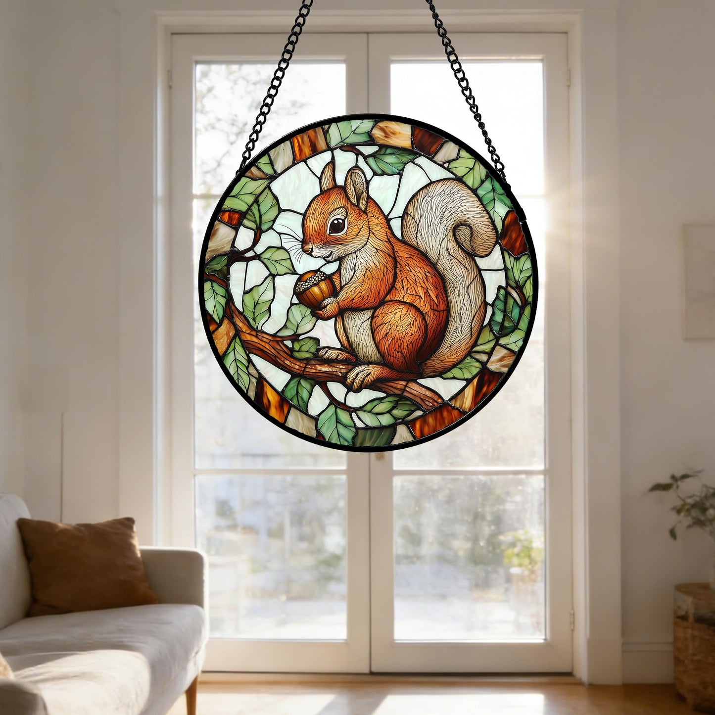 DASTOLL Stained Glass Window Hanging, Squirrel on a Branch Suncatcher Diamond Glass Panel Animal Sun Catchers Decor for Birthday for Women, Men, Wife, Aunt, and Mom 7.8 in