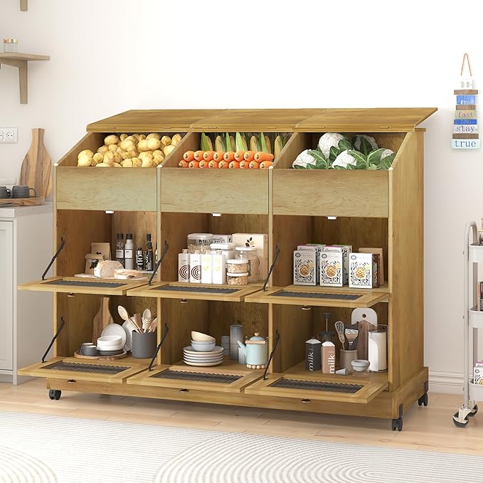 Triple Potato and Onion Storage Bin with Wheels, 3 Tier Wooden Potato Storage Cabinets with Mesh Doors, Farmhouse Movable Fruit and Vegetable Box, Wood Bread Box for Kitchen (Triple Brown)