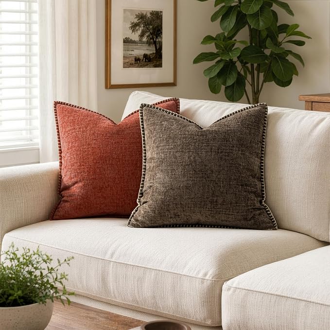 MIULEE Pack of 2 Lumbar Throw Pillow Covers 12x20 Inch Brown Farmhouse Decorative Pillow Covers with Stitched Edge Soft Chenille Solid Dyed Pillow Covers for Couch Sofa Bed Living Room