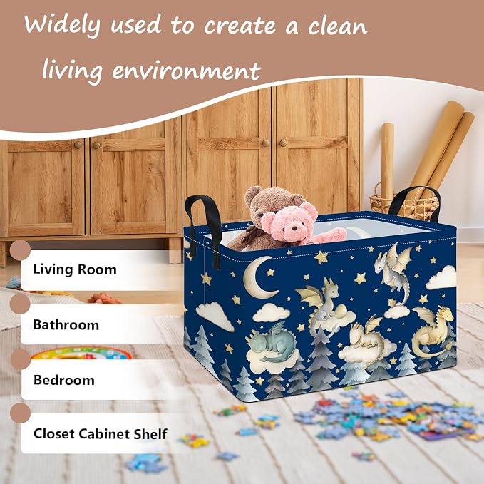 Rectangular Dragon Pattern Storage Bin, Decorative Canvas Laundry Basket with Dual Handles, Foldable Toy & Household Organizer, Multipurpose Party Gift Basket for Home Bedroom Dorm(Cute Dragon)