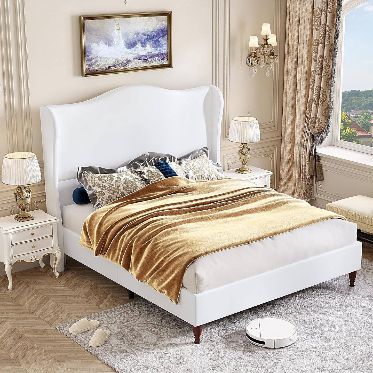 koorlian Queen Size Bed Frame with 51" Tall Headboard, Fully Upholstered Platform Bed Frame with with Soft Fabric, Sleigh Wingback, Solid Wood Retro Legs, Modern Minimalist Style, Easy Assembly, White