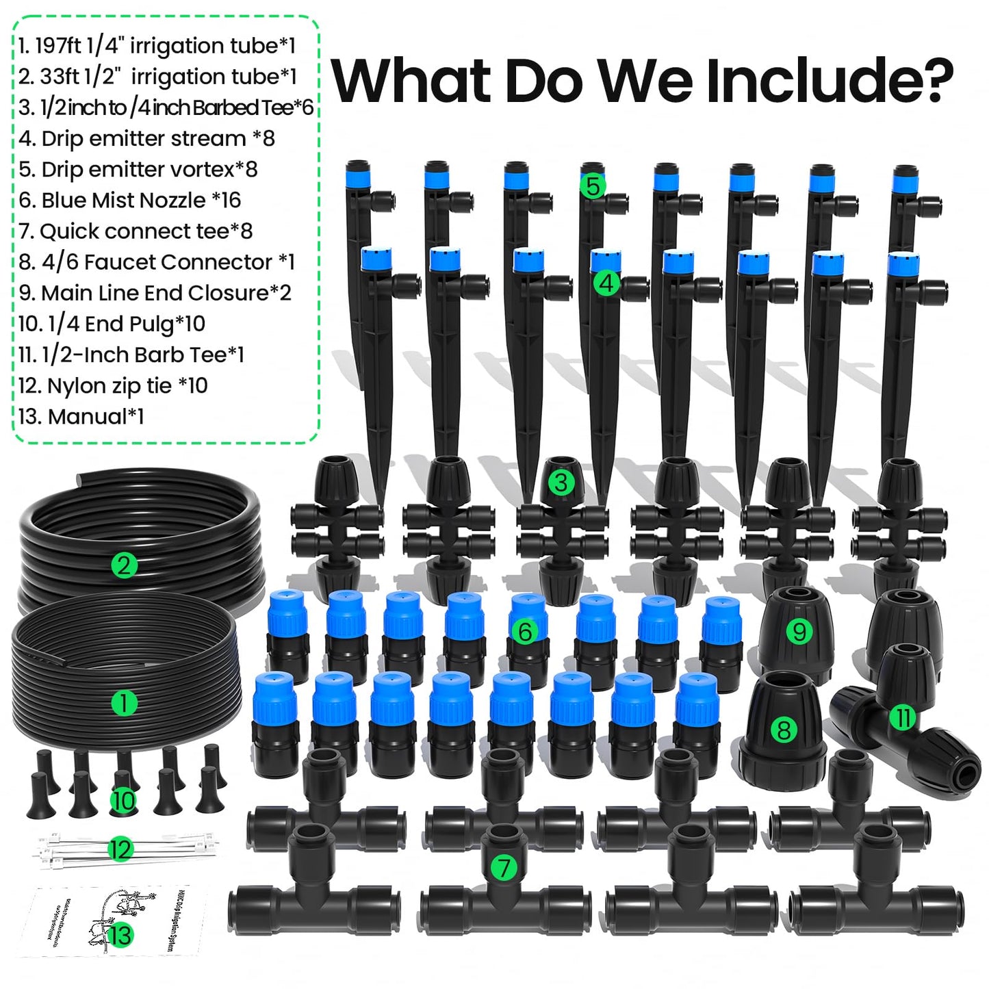 MIXC 230FT Quick-Connect Drip Irrigation System Kit, Automatic Garden Watering System with 1/4" & 1/2" Fast-Lock Tubing - Adjustable Nozzles & Sprinklers for Garden, Greenhouse, Lawn, Potted Plants
