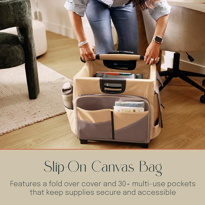 Mobile Folding Utility Cart with Canvas Storage Organizer Bag, Rolling Cart, Chocolate/Sand