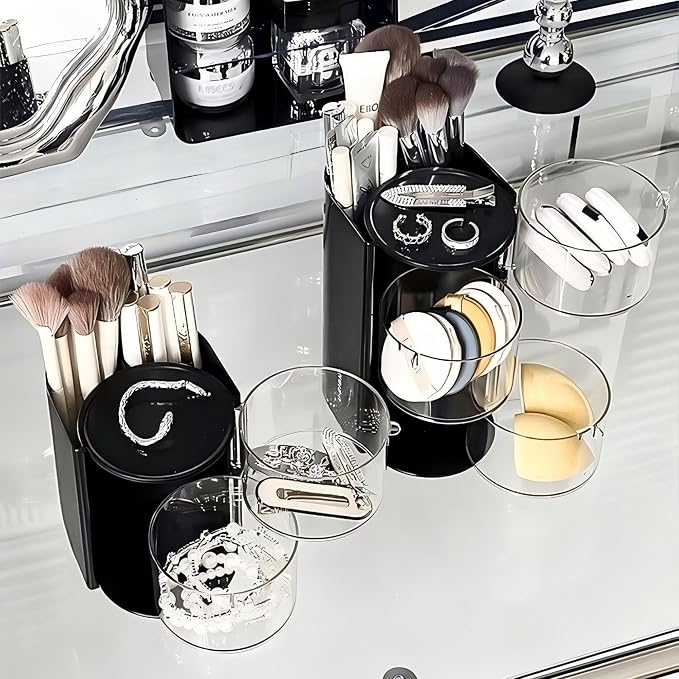 Azurphoric Hair Accessories Organizer with Hair Brush Holder, Rotatable Makeup Brush Holder for Necklaces, Earring, Bracelet, Ring, Makeup Brushes, Hair Clip and Hair Accessories (Black, 2-Layer)