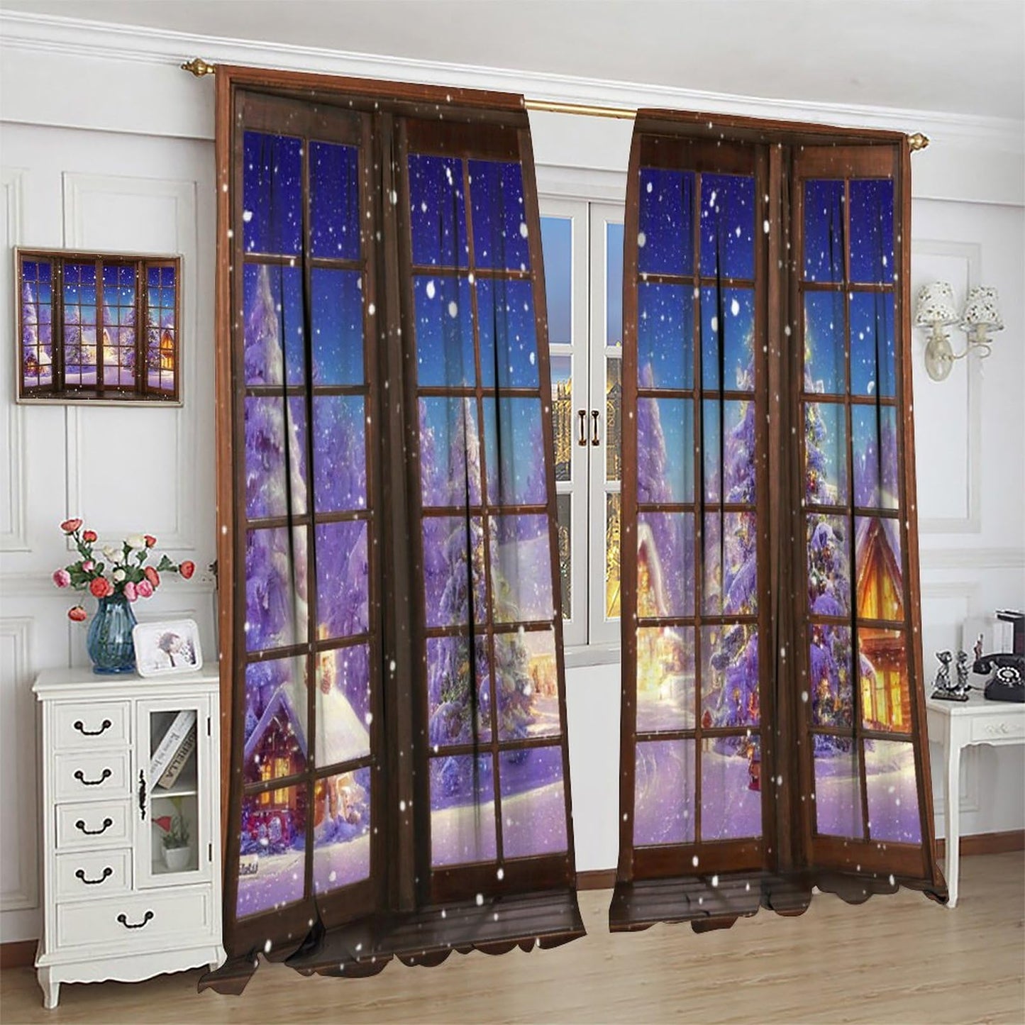 JESTRONRY Winter Christmas Curtains, Winter House Christmas Tree Snow Scenery Seasonal Xmas Nature Theme,Blackout Rod Pocket Window Drapes for Living Room Bedroom Bathroom W42xL45in