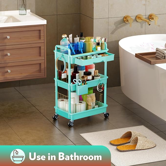 SUNALLY Makeup Cart Organizer with Drawers, Floor Skincare Organizers Vanity Storage Organizer, Rolling Makeup Bathroom Storage Cart Cosmetics Display Cases for Skin Care Perfume Nail Polish, Blue