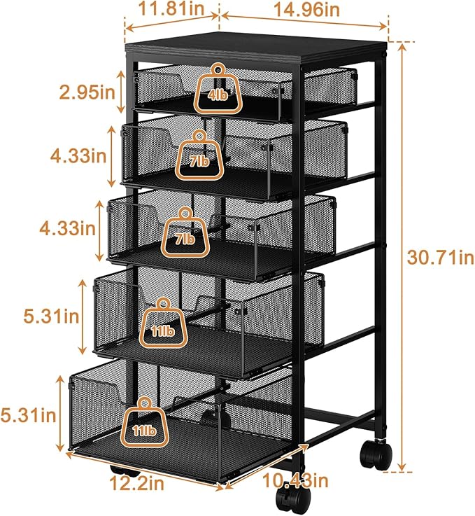 Kitchen Storage Cart with Drawer, 5-Tier Fruit Vegetable Storage Cart, Kitchen Organizer and Storage Cart with Wheels, Wooden Top Metal Wire Pantry Storage Cart rack for Fruit Snack Onion Potato