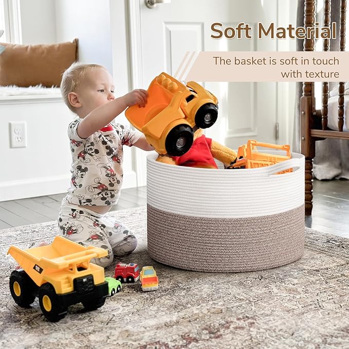 INDRESSME Large Blanket Basket, Laundry Toy Storage Baskets, Decorative Woven Basket for Living Room & Nursery, Baskets for Gifts Empty, Laundry, Dog Toys, Towels, White & Brown, 19.7" D x 12.6" H