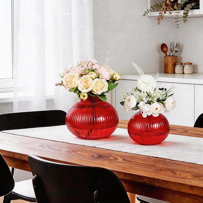 Red Glass Vases for Tulips, Set of 2, Flower Vases for Bouquet, Ribbed Glass Vase for Flowers, Short Vase for Living Room, Office, Coffee Table, Shelf, Wedding