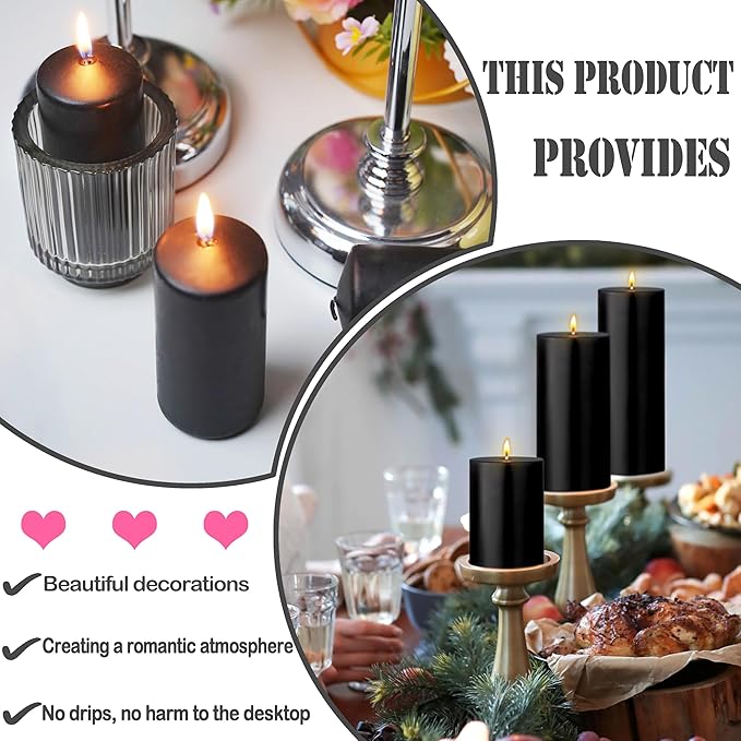 18 Pcs Black Pillar Candles Bulk Set，Hurricane Candlesï¼? Different Lengths (6 Each)，Dripless Unscented Smokeless，Gives You a Better Atmosphere When Organizing Wedding or Event Party.