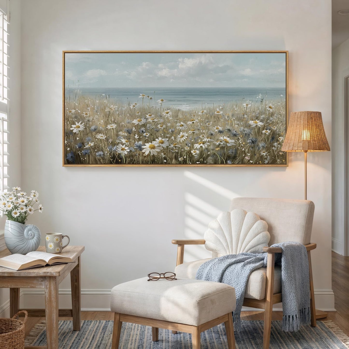 Extra Large Framed Coastal Landscape Wall Art for Living Room, Horizontal Wildflower Seascape Canvas Artwork for Walls, Ocean Scenic Picture Print for Dining Room Bedroom Office Wall Decor, 60x30 Inch