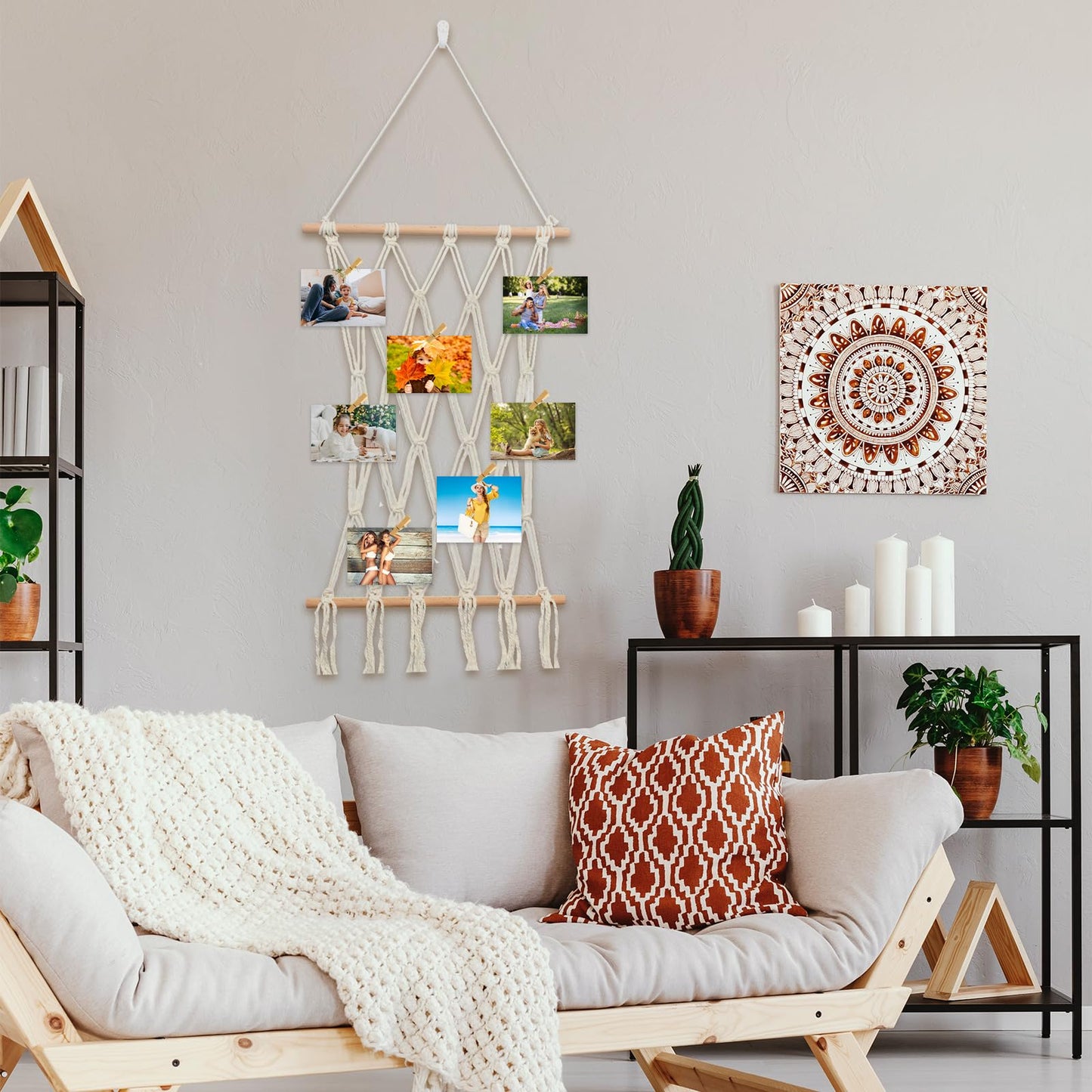 JONKASIPA Hanging Photo Display Wall Decor Macrame Wall Hanging Boho Collage Picture Frames Decor for Dorm Bedroom Living Room Teen Girl Gifts-B