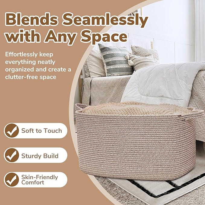 Goodpick Large Woven Storage Basket, 21.6" x 14.9" x 11.8" Blanket Basket for Living Room, Bedroom, Rectangle Rope Storage Organizer for Clothes, Toys, Brown
