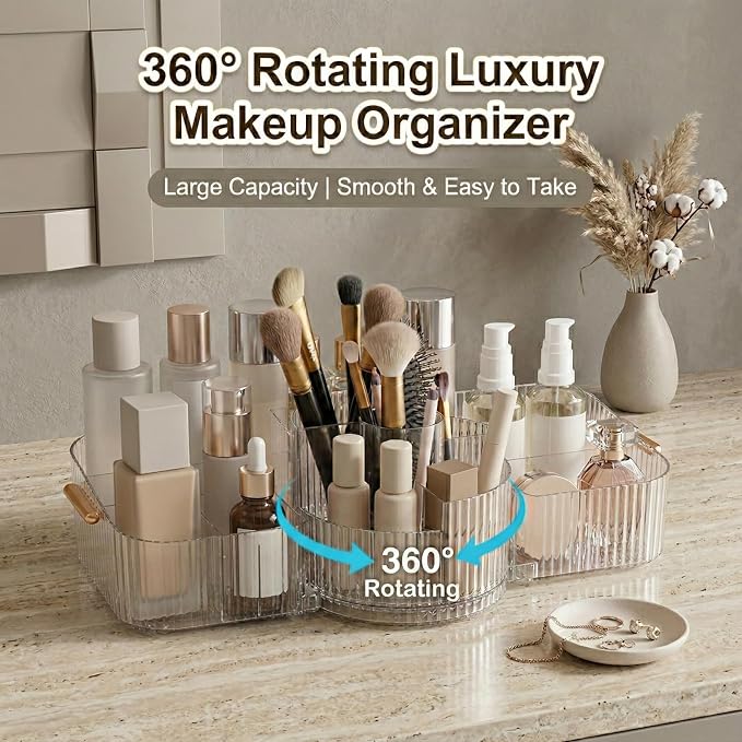 Rotating Makeup Organizer Countertop for Vanity, Cologne Organizer for Men, 360° Spinning Cosmetic Display Case with Brush Holder, Premium Handles, Acrylic Skincare Storage for Bathroom Countertop