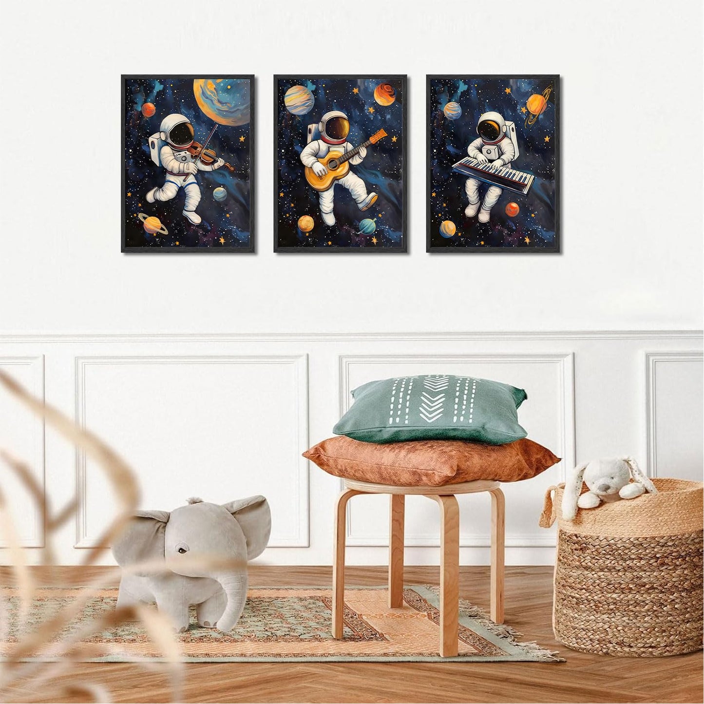 3Pcs Space Astronaut Music Posters Wall Art Cute Astronaut Musician Decor Pictures Funny Piano Guitar Violin Posters Prints for Boys Room Girls Room Kids Room Nursery Decoration Unframed