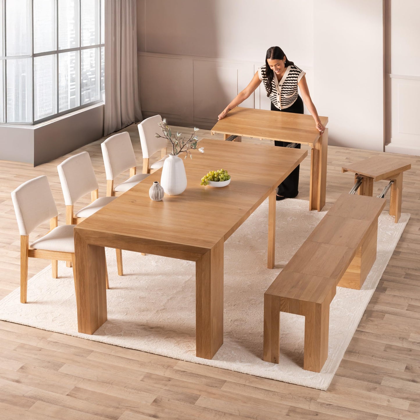 Transformer Table - Solid Wood Extendable Dining Table with Bench and 4 Stackable Chairs, Seats 2-12, Expandable Table, Kitchen and Dining Room Furniture, Natural (Table + Bench + 4 Chairs)