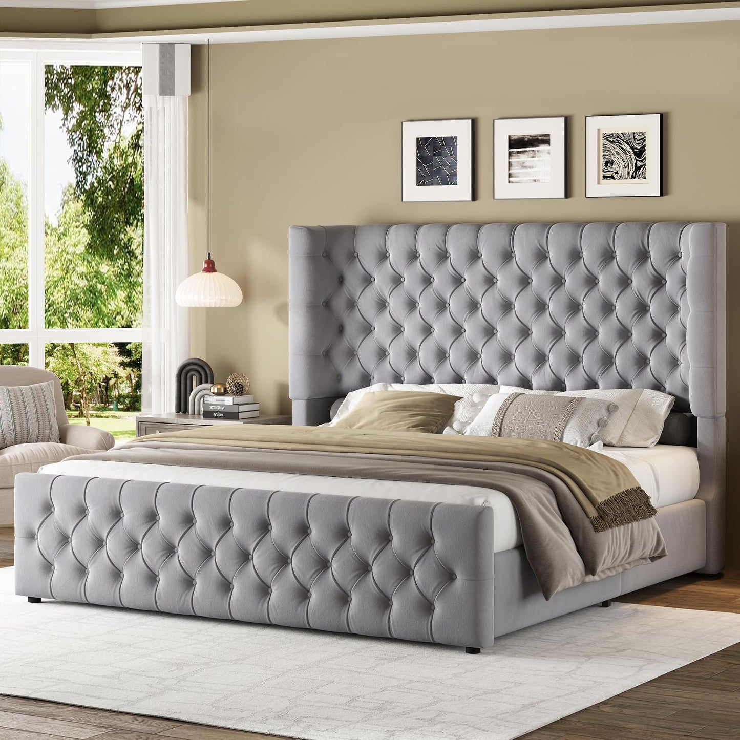 Jocisland Queen Size Platform Bed Frame, 6.3" Thick Upholstered Curved Wingback Headboard and Footboard with Deep Button Tufted, Easy Assembly, No Box Spring Needed, Light Grey Velvet